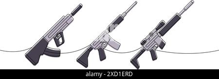 Les fusils d'assaut tactiques tracent une ligne colorée en continu. Diverses armes modernes illustration continue d'une ligne. Illustration linéaire vectorielle. Illustration de Vecteur