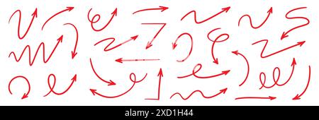 Jeu d'icônes d'esquisse dessinée à la main rouge vecteur flèche. Esquisser l'ensemble d'éléments de direction rouge dessinés. Crayon doodle Line éléments de conception graphique. Fond de flèche de direction manuscrite. Illustration vectorielle. Illustration de Vecteur