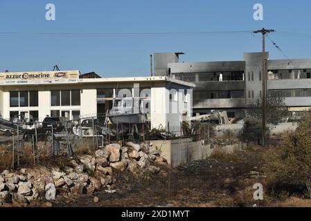 Incendie à Koropi, près d'Athènes les dégâts importants causés à la propriété industrielle sont causés par l'incendie de forêt à Koropi, près d'Athènes. Athènes Grèce Copyright : xNicolasxKoutsokostasxNicolasxKoutsokostasx DSC 202406190881 Banque D'Images