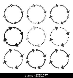 Icônes de flèche circulaire. Jeu de flèches décoratives. Noir et blanc. Eléments vectoriels. Illustration de Vecteur