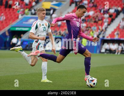 Stuttgart. 19 juin 2024. Jamal Musiala (à droite) participe au match du Groupe A De l'UEFA Euro 2024 entre l'Allemagne et la Hongrie à Stuttgart, en Allemagne, le 19 juin 2024. Crédit : Philippe Ruiz/Xinhua/Alamy Live News Banque D'Images