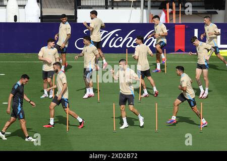 Atlanta, États-Unis. 19 juin 2024. Les footballeurs argentins participent à une séance d’entraînement avant le match contre le Canada pour la Copa America USA 2024, groupe A, phase de groupes, au terrain de sport de l’Université de Kennesaw, près d’Atlanta, le 19 juin 2024. Crédit : Alejandro Pagni/Alamy Live News Banque D'Images