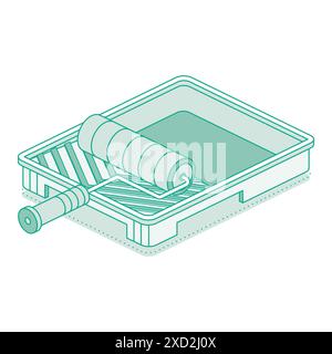 Rouleau à peinture isométrique sur plateau. Illustration vectorielle. Contour de l'objet isolé sur fond blanc. Bac à peinture vide. Illustration de Vecteur