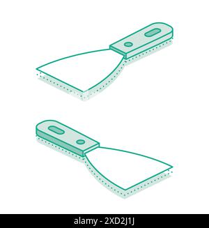 Couteau à mastic racleur isométrique. Illustration vectorielle. Contour de l'objet isolé sur fond blanc. Ensemble de couteaux à mastic. Outil de travail spatule. Illustration de Vecteur