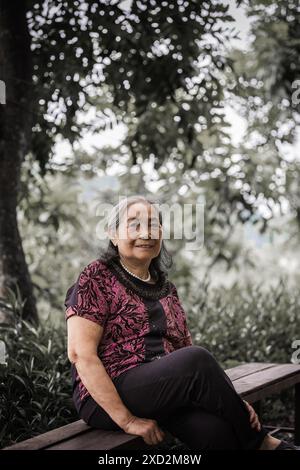 Femme âgée au parc. Femme aînée asiatique assise sur un banc dans un parc d'été. Vieille dame souriante assise sur un banc de parc à Vinh Minh Vietnam-mai 31,2 Banque D'Images