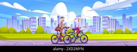 Couple senior cyclant dans le parc de la ville d'été. Illustration vectorielle de dessin animé d'un homme âgé et d'une femme à vélo dans un jardin public contre fond de paysage urbain, mode de vie actif, activité saine Illustration de Vecteur