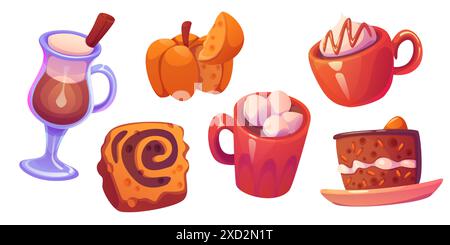 Collection de desserts d'automne et de boissons chaudes. Latte d'automne traditionnel, café ou chocolat chaud dans une tasse et une tasse, morceau de tarte et biscuit avec épices et citrouille. Dessin animé vecteur pâtisserie douce et boissons confortables Illustration de Vecteur