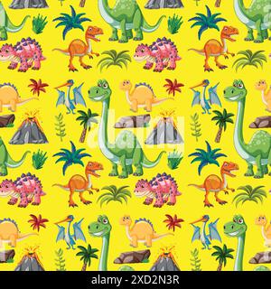 Dinosaures lumineux avec volcans et palmiers Illustration de Vecteur