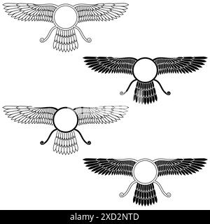 Conception vectorielle du symbole Faravahar, symbole de la religion zoroastrienne, disque solaire ailé Illustration de Vecteur