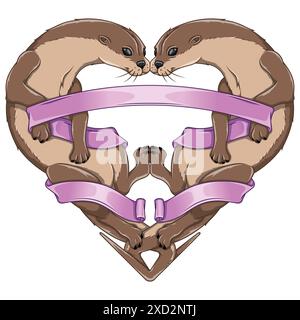 Conception vectorielle de couple de loutres en forme de coeur, symbole de la Saint-Valentin avec des animaux et ruban, amour de la nature avec un mammifère marin Illustration de Vecteur