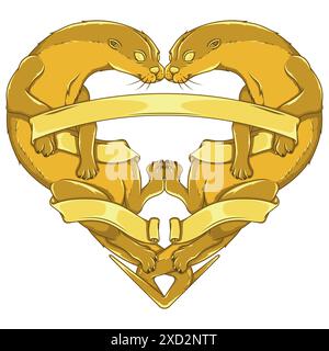 Conception vectorielle de couple de loutres en forme de coeur, symbole de la Saint-Valentin avec des animaux et ruban, amour de la nature avec un mammifère marin Illustration de Vecteur