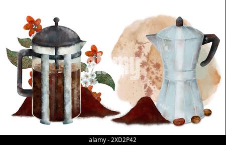 Illustration de la presse française et du pot de moka avec des grains de café et des fleurs, l'œuvre d'art de l'amateur de café. Objets isolés sur fond blanc pour la conception d'un livret, d'un flyer, d'un e-pack, d'une étiquette ou d'une publicité. Art numérique dans le style aquarelle. Banque D'Images