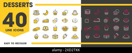 Icônes de ligne de dessert de la nourriture sucrée vectorielle et des pâtisseries. Gâteau, cupcake, biscuit et tarte, muffin au chocolat, biscuit et symboles de contour de croissant. Pudding, gaufre, beignet et cheesecake, crêpes et tarte Illustration de Vecteur