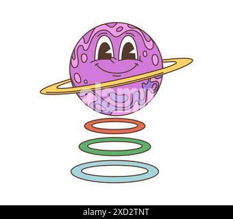 Personnage de planète hippie rétro de dessin animé. Vecteur isolé fantaisiste, charmante planète Saturne violette souriante avec un anneau, rebondissant joyeusement au-dessus d'une pile de cercles colorés, personnage de l'espace ludique Illustration de Vecteur