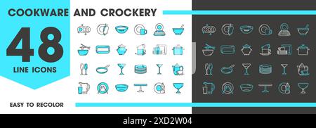 Icônes de ligne de ustensiles de cuisine, assiettes à vaisselle et ustensile ou ustensiles de cuisine, pictogrammes vectoriels. Icônes d'ustensiles de cuisine de cuisine de poêle et casserole, fourchette à couverts et cuillère avec couteau, cruche à eau et tasses Illustration de Vecteur
