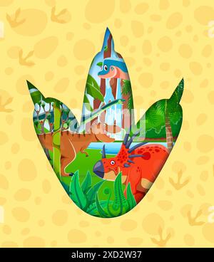 Empreinte de dinosaure découpée en papier. Cadre vectoriel 3d en forme de patte de dinosaure rempli de styrocasaurus préhistoriques colorés, antarctosaurus et tyrannosaurus errent à travers un paysage jurassique luxuriant Illustration de Vecteur