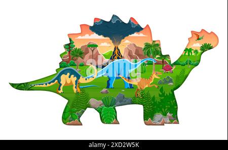 Silhouette découpée en papier Dino avec des dinosaures préhistoriques. Dessin animé 3d vecteur papier cadre rempli de melanorosaurus, haplocanthosaurus, velociraptor, carbonemys et tapejara, volcan et paysage vert Illustration de Vecteur