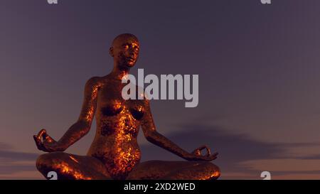 Illustration 3d de la statue dorée de Bouddha en méditation à l'aube Banque D'Images