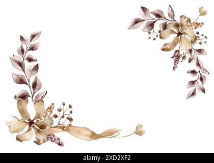 Fleur et branche en aquarelle monochrome marron. Cadre de plantes abstraites de couleur brun foncé isolé. Feuilles monotones en sépia. Conception de l'image de marque Banque D'Images