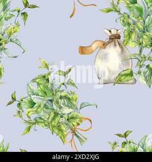 Sachet d'herbes avec étiquette et buisson d'orties motif sans couture aquarelle isolé sur bleu. Illustration de la plante herbacée urticaire dioica. Piqûre Banque D'Images