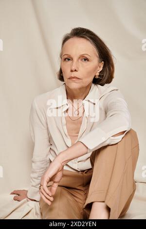 Femme mature en chemise blanche et pantalon bronzé, active et gracieuse. Banque D'Images
