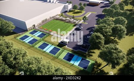 rendu de vue aérienne, contours de différents types de terrains de sport. Complexe sportif Banque D'Images