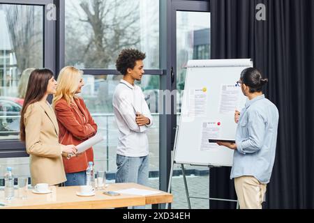 Groupe de demandeurs d'emploi en entrevue, discutant des idées devant le tableau blanc. Banque D'Images