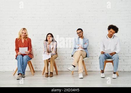 Un groupe de personnes assises gracieusement sur des chaises devant un mur blanc. Banque D'Images