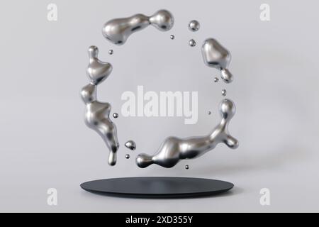 Podium métallique avec éclaboussure de métal liquide sur fond gris. Maquette pour produit, présentation cosmétique. Y2K, style des années 2000. Socle ou plate-forme. Vide Banque D'Images