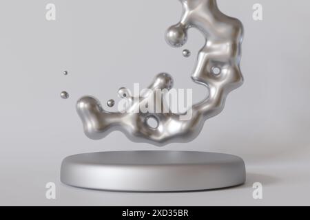 Podium métallique avec éclaboussure de métal liquide sur fond gris. Maquette pour produit, présentation cosmétique. Y2K, style des années 2000. Socle ou plate-forme. Vide Banque D'Images