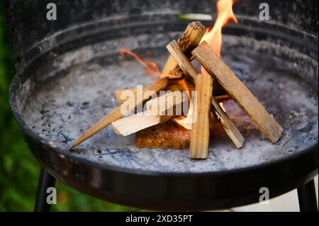 Image en gros plan montrant un feu allumé dans un barbecue avec des bûches en bois, évoquant la chaleur et le plaisir en plein air. Banque D'Images