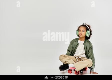 Une jeune fille afro-américaine aux cheveux bouclés est assise sur une planche à roulettes, écouteurs, perdue dans la musique. Banque D'Images