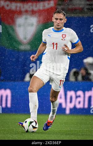 Jan Kuchta (CZE) en action lors du match République tchèque vs Portugal dans le cadre des Championnats d'Europe de football, Leipzig, Allemagne, 18 juin 2024. ( Banque D'Images