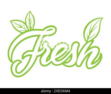 Lettrage vert frais contour alligraphique avec des feuilles, concept d'alimentation saine, produits bio éco, aliments frais, sur fond blanc. Illustration vectorielle Illustration de Vecteur