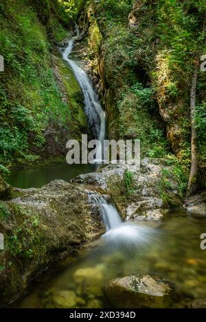 Une cascade sereine descend en cascade des rochers moussseux dans une forêt animée près de Klaus an der Pyrhnbahn, en Autriche. La lumière du soleil filtre à travers la canopée, illumi Banque D'Images
