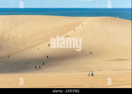 Les touristes visitent les dunes de sable de Tottori sur fond de mer du Japon. Banque D'Images