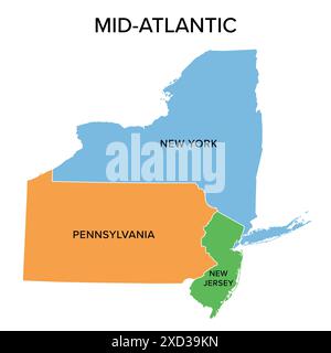 Carte politique multicolore. Division de recensement des États-Unis de la région Nord-est. Banque D'Images