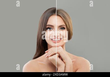 Portrait de comparaison de femme parfaite sur fond gris. Processus de vieillissement Banque D'Images