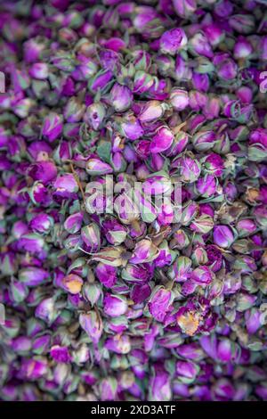 Bourgeons de rose violets et roses séchés dans un magasin d'herboriste dans un bazar persan vendu à des fins d'assaisonnement et de parfumerie Banque D'Images