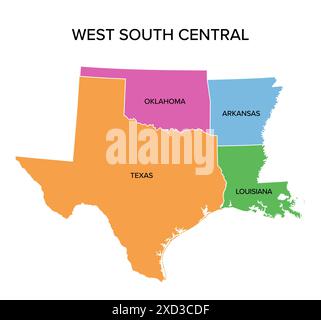 West South Central states, carte politique multicolore. Division de recensement des États-Unis de la région Sud. Banque D'Images