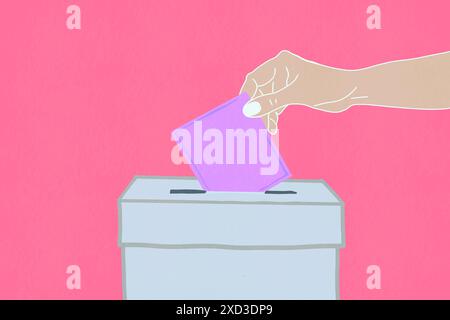 Cette illustration représente une main plaçant un vote dans une urne sur un fond rose vif, symbolisant le processus démocratique et le PA citoyen Banque D'Images