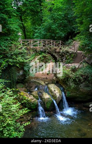 Un charmant vieux pont de pierre enjambe les eaux en cascade de la cascade de Schiessentumpel à Mullerthal, au Luxembourg, entouré d'une végétation luxuriante et d'une pente raide Banque D'Images