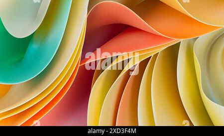 Cette image de stock présente une superbe illustration numérique de formes abstraites en couches 3D dans un mélange de tons pastel et chauds, imitant le c sophistiqué Banque D'Images