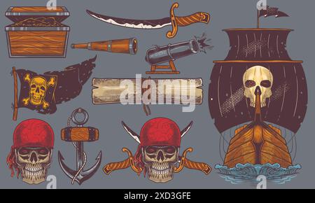 Pirates équipement mis à la main dessiné doodle dessin vintage dans un style coloré. Illustration vectorielle de concept d'équipement pirates. Illustration de Vecteur
