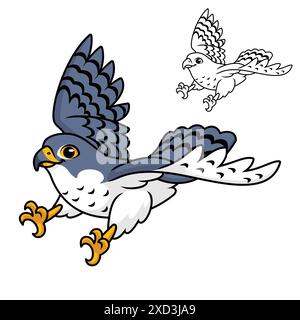 Mignon faucon pèlerin Flying Ready Pounce Prey avec dessin au trait, oiseaux animaux, illustration de personnage vectoriel, logo de mascotte de dessin animé. Illustration de Vecteur