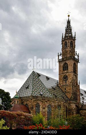 Cathédrale de l'Assomption de la Vierge Marie à Bolzano, avec clocher en filigrane et toit avec motif de diamant. Bolzano, Tyrol du Sud, Trentin, Ita Banque D'Images