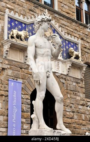 Toscane, Italie, Europe, réplique de la statue de David devant le Palazzo Vecchio, marbre, art Renaissance et façades décoratives, Florence Banque D'Images