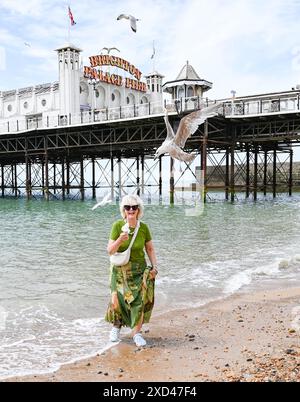 Brighton UK 20 juin 2024 - Une femme essaie de profiter d'une crème glacée tout en pagayant sur la plage de Brighton près de la jetée au soleil avant d'être battue par des mouettes comme le temps chaud est prévu pour la Grande-Bretagne au cours de la semaine prochaine . : Crédit Simon Dack / Alamy Live News Banque D'Images