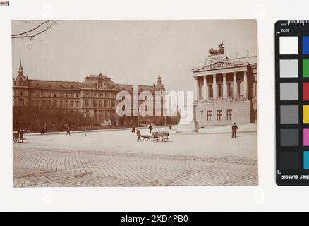 Justizpalast. 1., Schmerlingplatz 10-11 - Justizpalast - Blick vom Dr-Karl-Renner-Ring inconnu, photographe timtom, bâtiment de cour, avec des gens, chien, (ferme) wagon, wagon de fret, chariot, jardins publics, parc, éclairage public, Justizpalast, Schmerlingplatz avant 1900 Banque D'Images