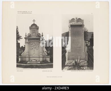 Friedhof Döbling, Grabdenkmal Familie von Baechle, Bildhauer Leop. Rab., Graz, Grabdenkmal Friedrich Carl Boszek, Bildhauer Hans Brandstetter (Blatt Nr. 44 aus : künstlerische Grabdenkmale. Moderne Architektur & Plastik von Friedhöfen und Kirchen in Oesterreich-Ungarn, Serie 2, Anton Schroll & Co, Wien) Anton Schroll & Co, maison d'édition Leonhard Hilzensauer, tombeau monumental, sculpture, tombe, tombeau vers 1910 (année de publication) Banque D'Images